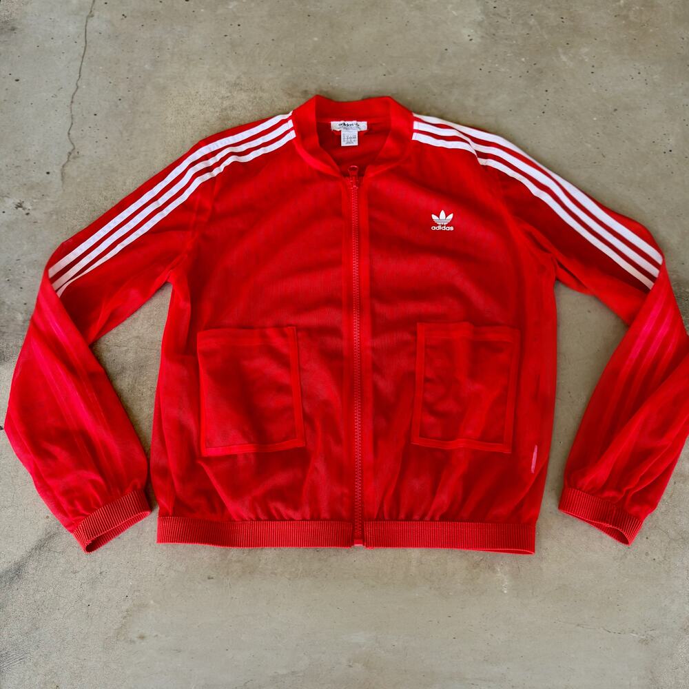 Adidas Originals Women's Red Sheer Mesh Track Jacket Full Zip 3 Stripe Size M